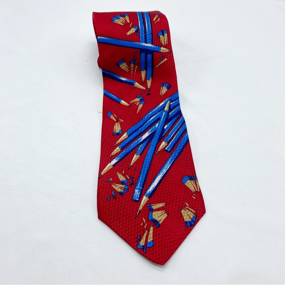 Vintage Perry Ellis Pencil Novelty Graphic Print Red Silk Neck Tie NEW NWT